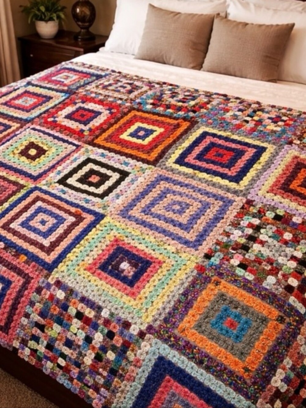 Vintage Hand-Stitched Yo-Yo Quilt  Oversized 110"x120" Vibrant King
